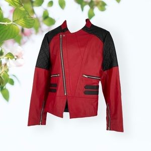 FACTORY Extreme Red and Black Leather Moto Motorcycle Jacket Size Large